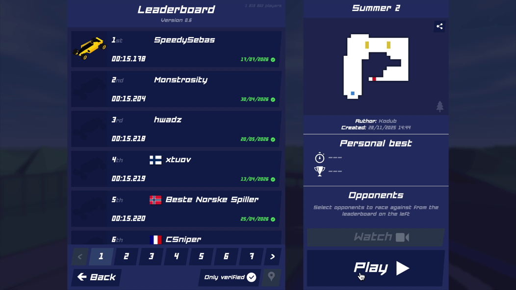 PolyTrack leaderboard for the Summer 2 track showing player rankings, lap times and a track preview