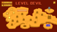 Level Devil world map displaying multiple connected stages and progression through the fiery adventure.