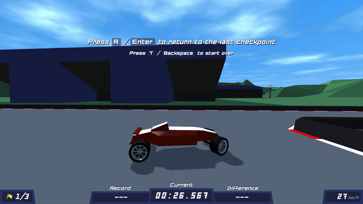PolyTrack race car stopped beside the track with instructions for returning to the last checkpoint or restarting